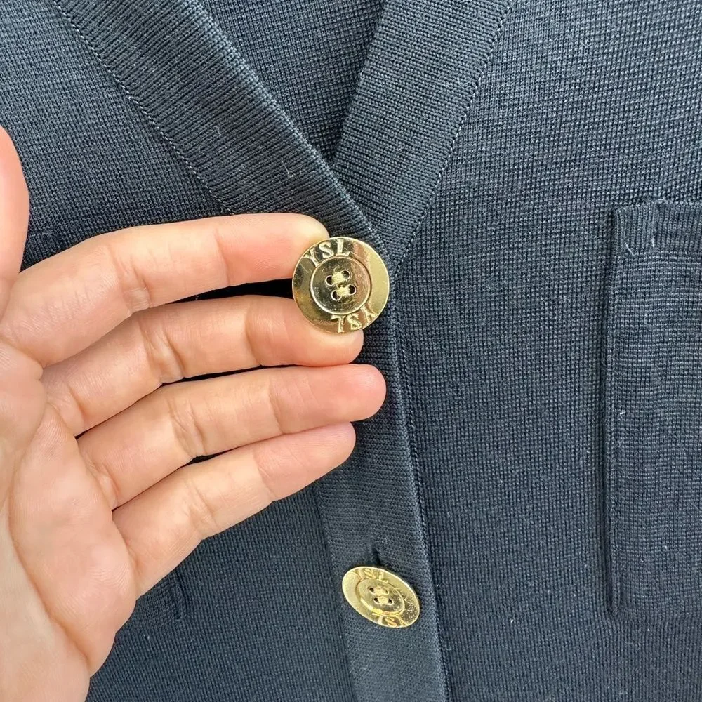 YSL Vintage Black Wool Cardigan Dress 3/4 Sleeve Large Gold Buttons Size M - Picture 9 of 14